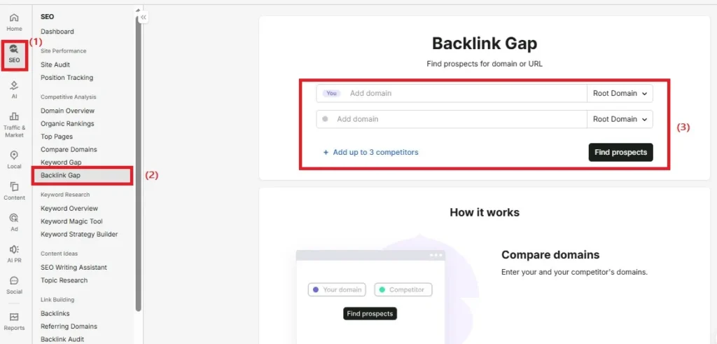 how to open backlink gap option in semrush
