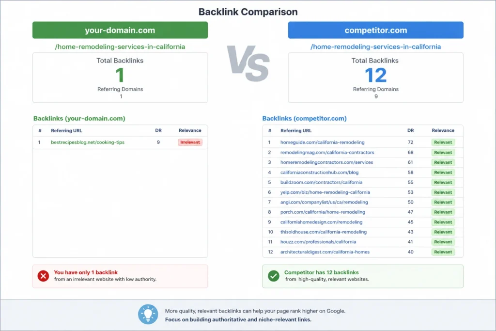 Side-by-side SEO comparison showing your-domain.com/home-remodeling-services-in-california with only 1 irrelevant backlink versus competitor.com/home-remodeling-services-in-california with 12 relevant backlinks, highlighting how stronger backlink profiles can improve search rankings.