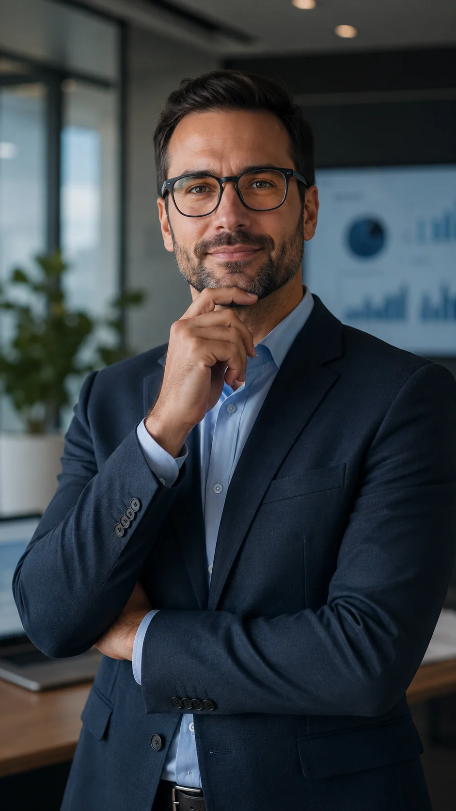 Professional confident business owner in modern office with analytics dashboard in background, representing home improvement SEO agency partner selection and strategic link building expertise