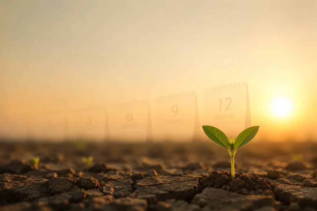 A young green seedling growing from dry soil at sunrise with a softly blurred timeline in the background, symbolizing the gradual impact of backlinks on SEO rankings over time.