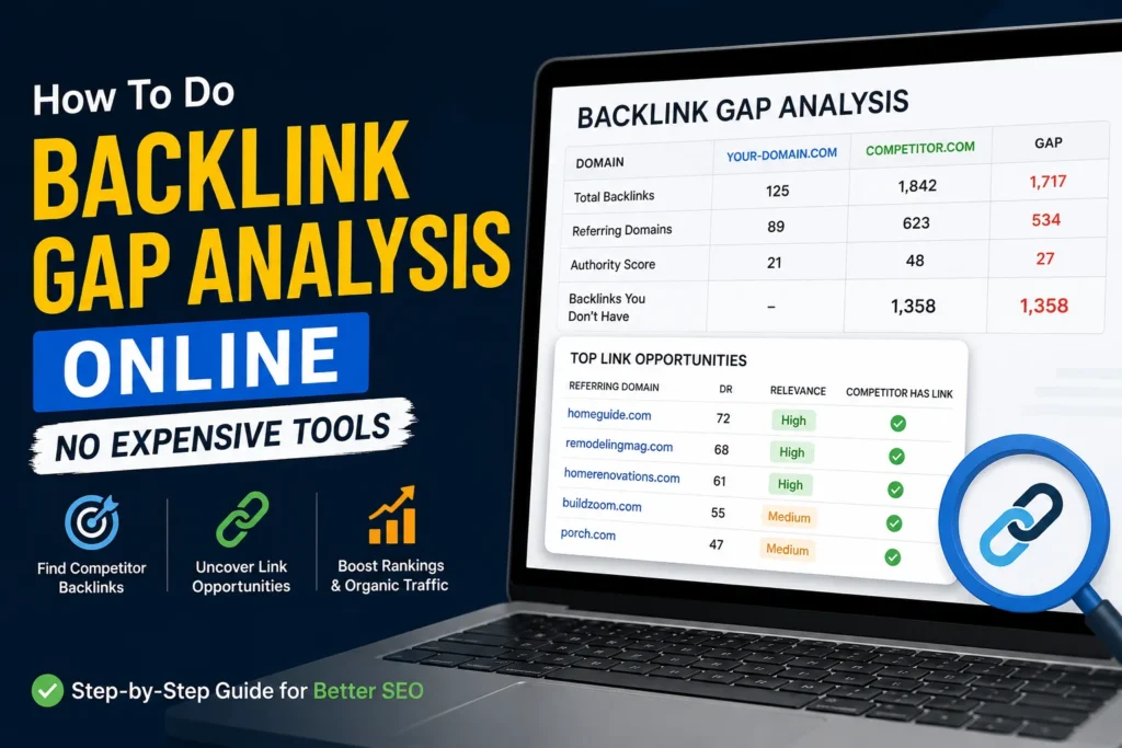 Image showing a laptop displaying a backlink gap analysis dashboard comparing your website with competitors, highlighting missing backlink opportunities, authority scores, and relevant referring domains. The image represents how to perform backlink gap analysis online without expensive SEO tools.