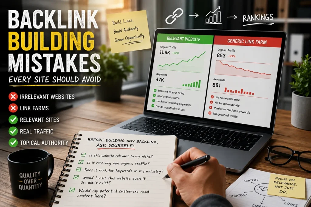 Professional workspace showing backlink quality comparison between a relevant industry website and a generic link farm, illustrating how niche-relevant backlinks improve SEO rankings.